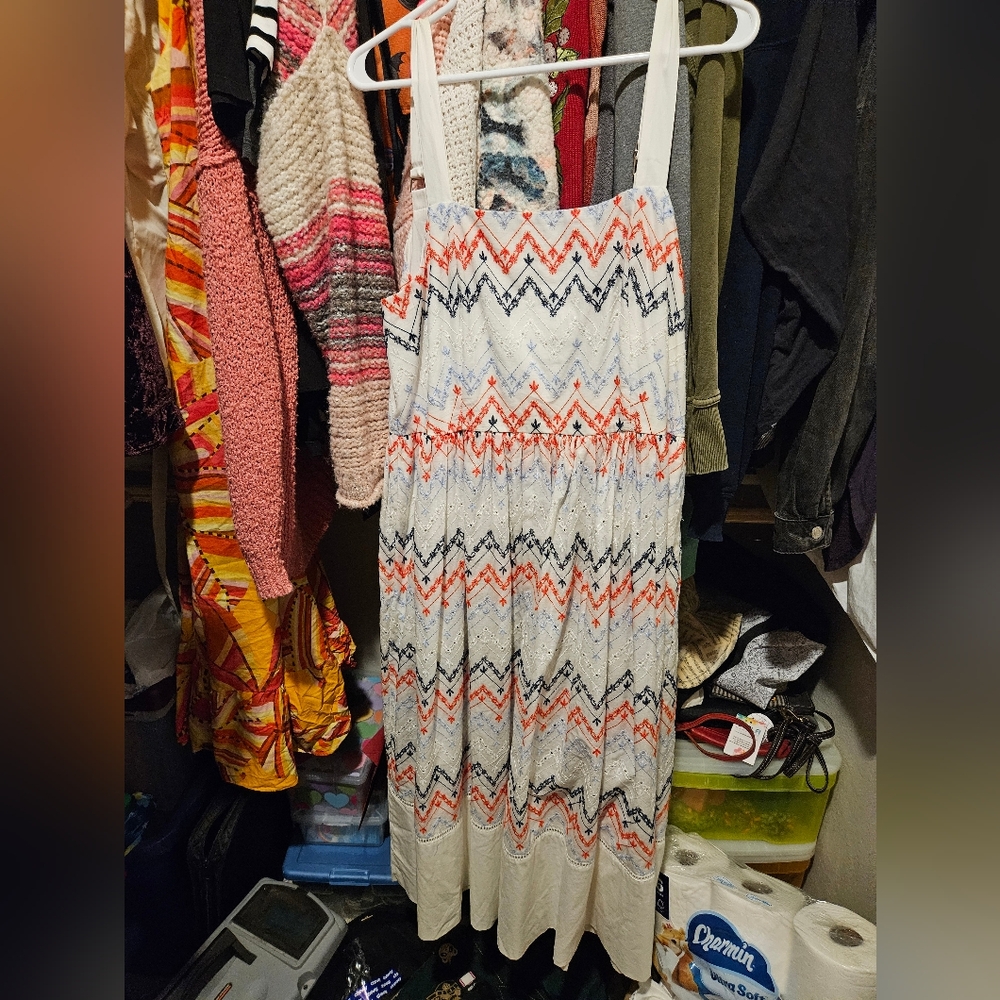 White Dress with Red and Black Zigzag Pattern